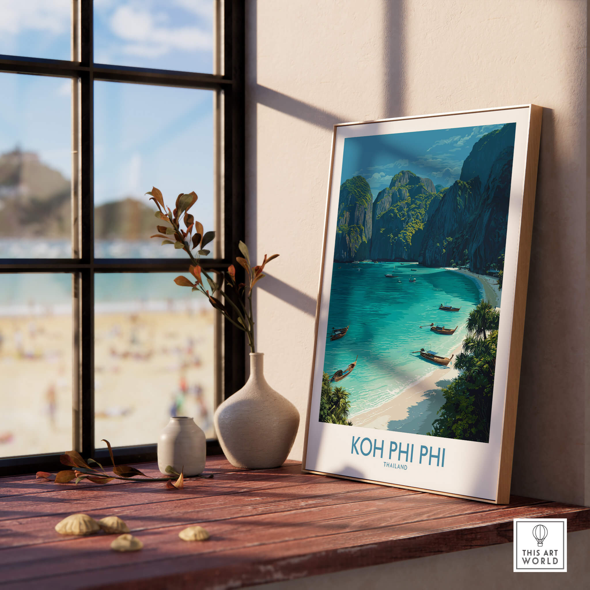 Koh Phi Phi Thailand Canvas Print | Longtail Boat Ocean Scene Poster displayed in a bright interior with a beach view.