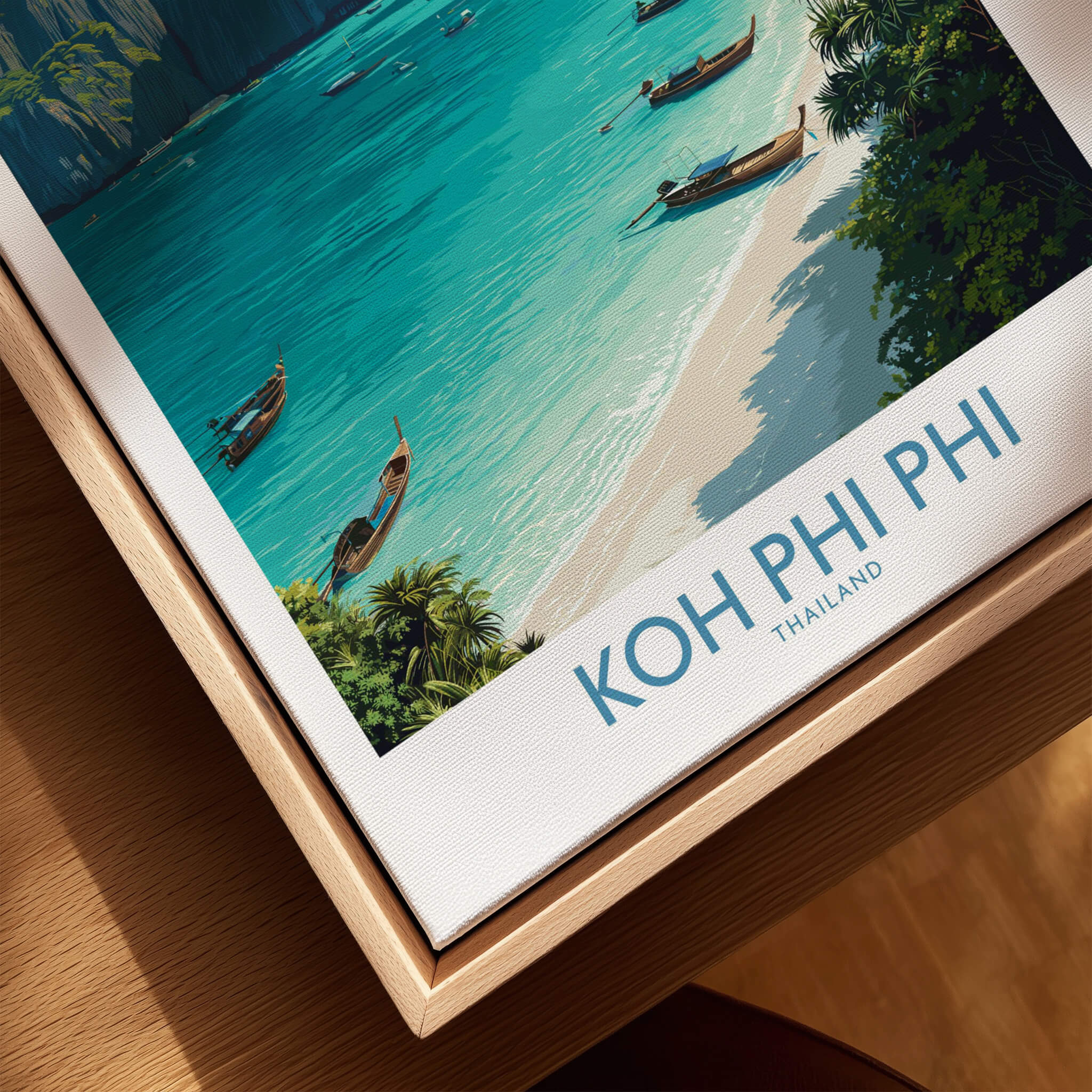 Koh Phi Phi Thailand Canvas Print | Longtail Boat Ocean Scene Poster featuring boats on a tropical beach with turquoise waters.