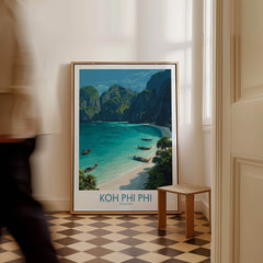 Koh Phi Phi Thailand Canvas Print | Longtail Boat Ocean Scene Poster displayed in a stylish interior setting.