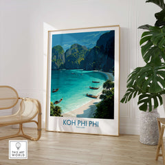 Koh Phi Phi Thailand Canvas Print | Longtail Boat Ocean Scene Poster framed in a modern interior with tropical decor