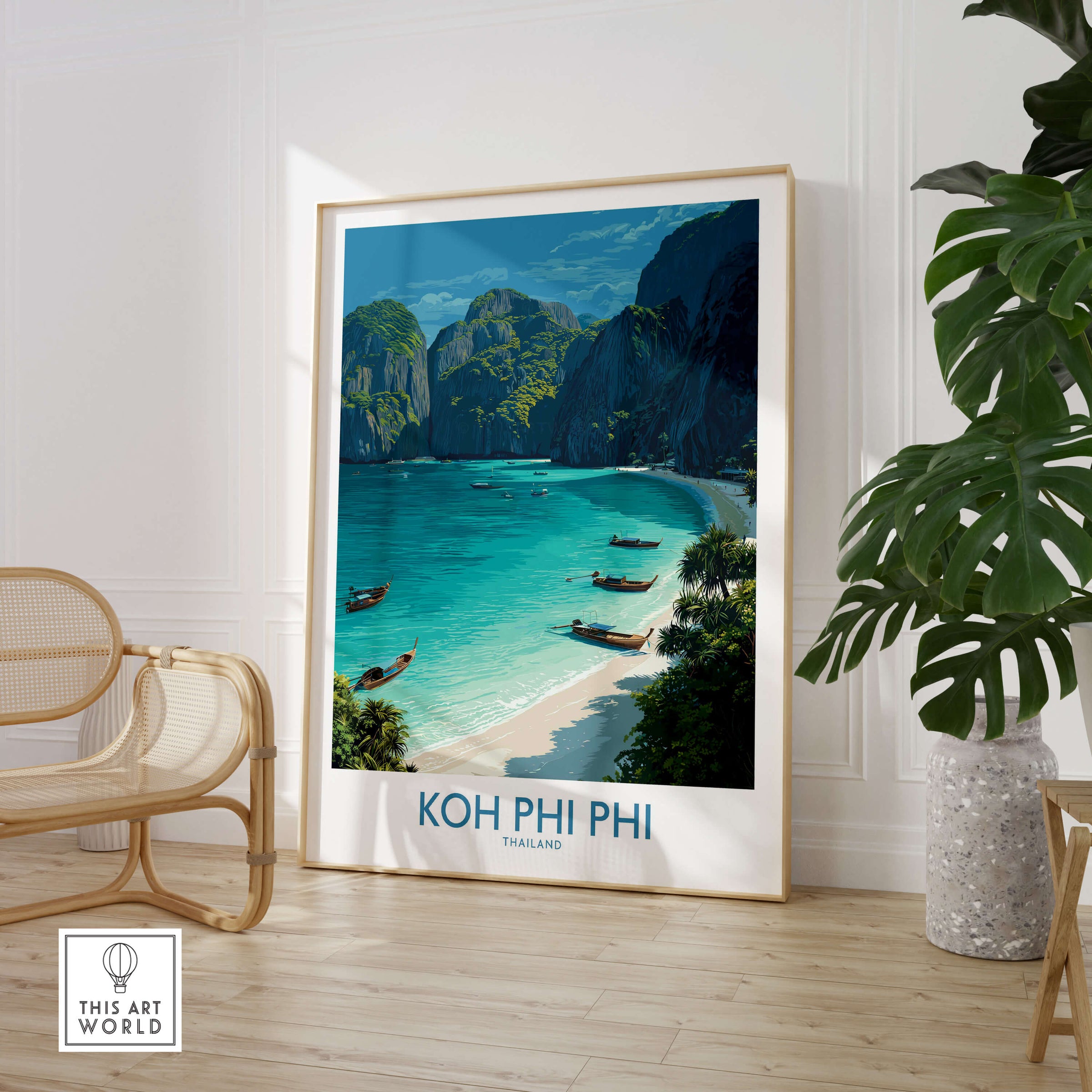 Koh Phi Phi Thailand Canvas Print | Longtail Boat Ocean Scene Poster framed in a modern interior with tropical decor