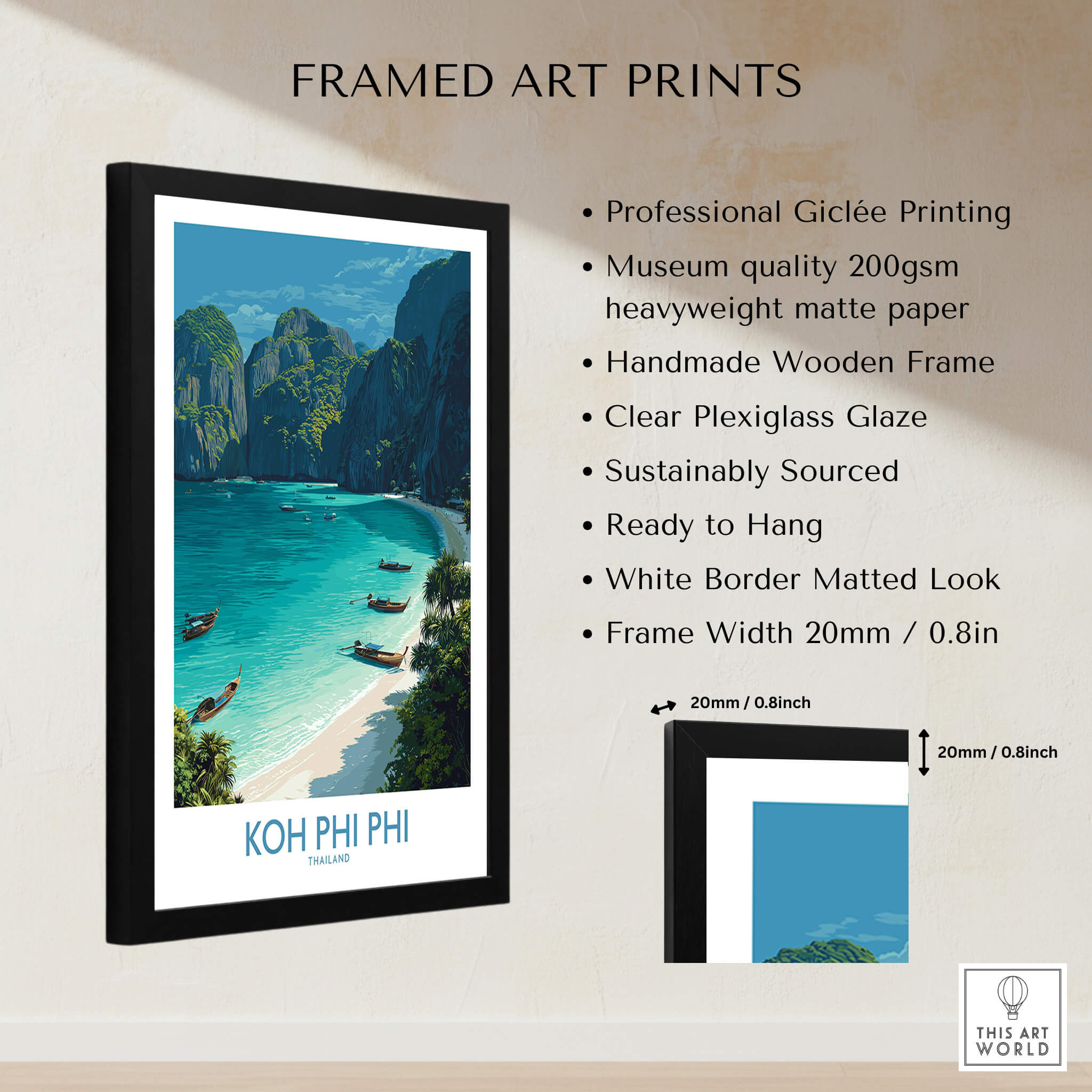 Koh Phi Phi Thailand Canvas Print | Longtail Boat Ocean Scene Poster framed art print with professional Giclée printing.
