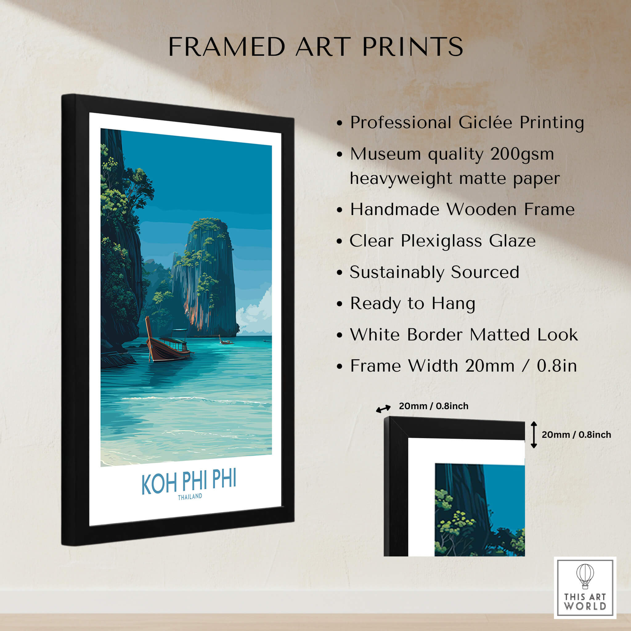 Koh Phi Phi Thailand Poster | Turquoise Sea & Limestone Cliffs Canvas Print framed art print showcasing stunning natural beauty.
