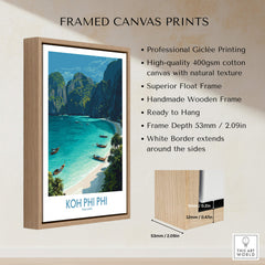 Koh Phi Phi Thailand Canvas Print | Longtail Boat Ocean Scene Poster with professional giclée printing and wooden frame.