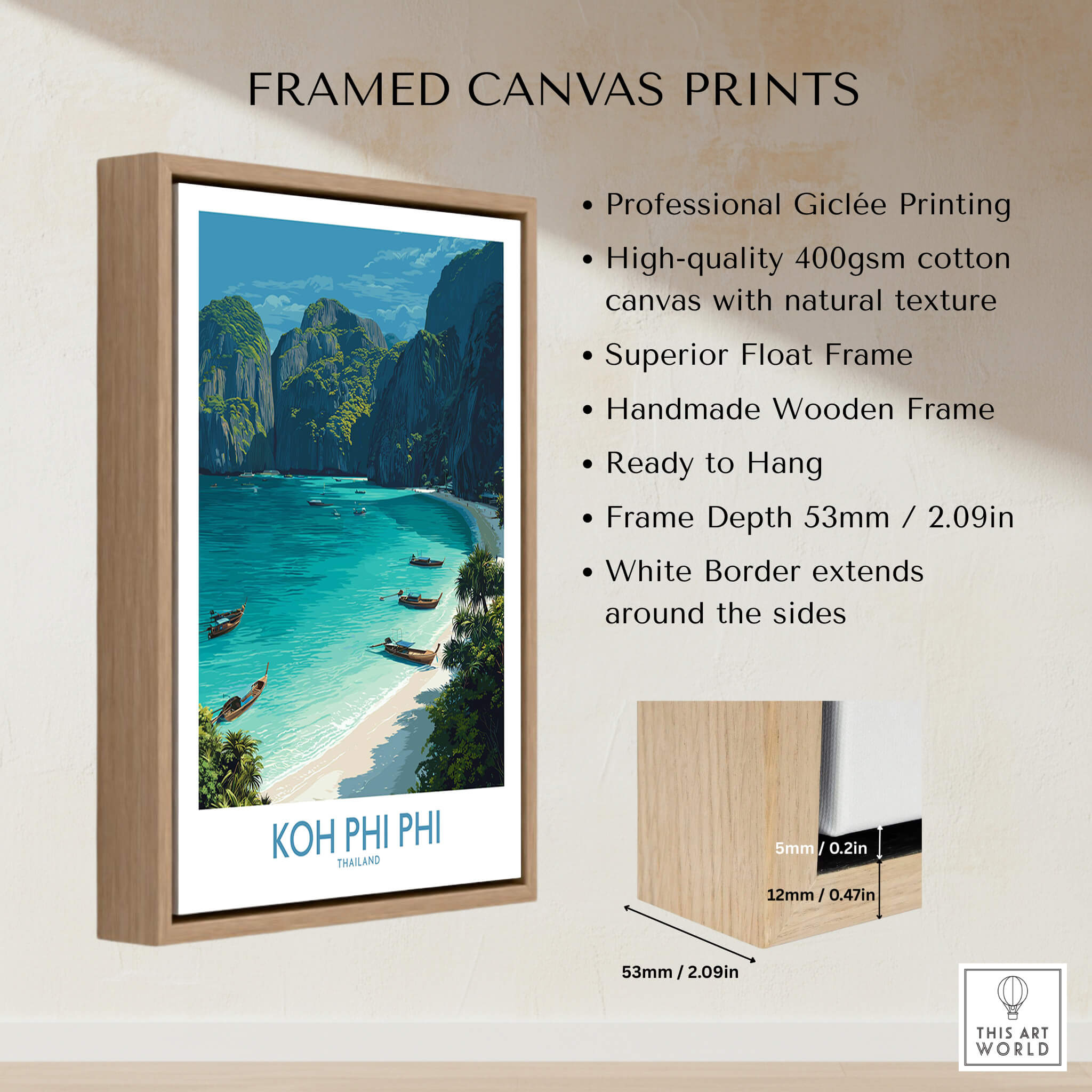 Koh Phi Phi Thailand Canvas Print | Longtail Boat Ocean Scene Poster with professional giclée printing and wooden frame.
