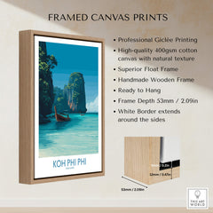 Koh Phi Phi Thailand Poster | Turquoise Sea & Limestone Cliffs Canvas Print in a wooden frame.