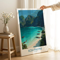Koh Phi Phi Thailand Canvas Print | Longtail Boat Ocean Scene Poster showcasing a tropical beach with longtail boats.