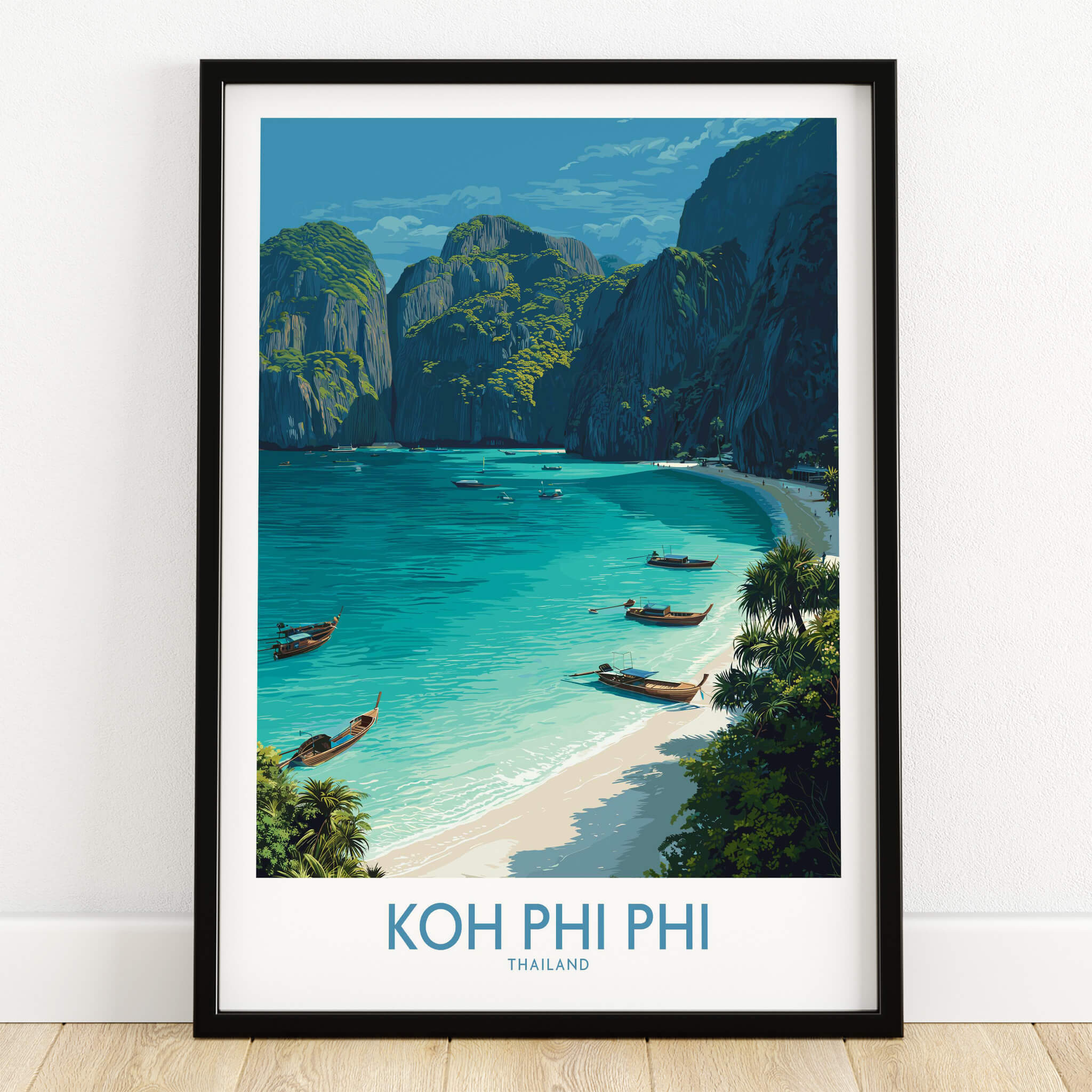 Koh Phi Phi Thailand Canvas Print | Longtail Boat Ocean Scene Poster of tranquil beach and boats in tropical scenery.