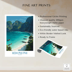 Koh Phi Phi Thailand Canvas Print | Longtail Boat Ocean Scene Poster featuring tropical seascape and stunning cliffs.