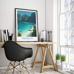 Koh Phi Phi Thailand Canvas Print | Longtail Boat Ocean Scene Poster displayed in a stylish workspace setting.
