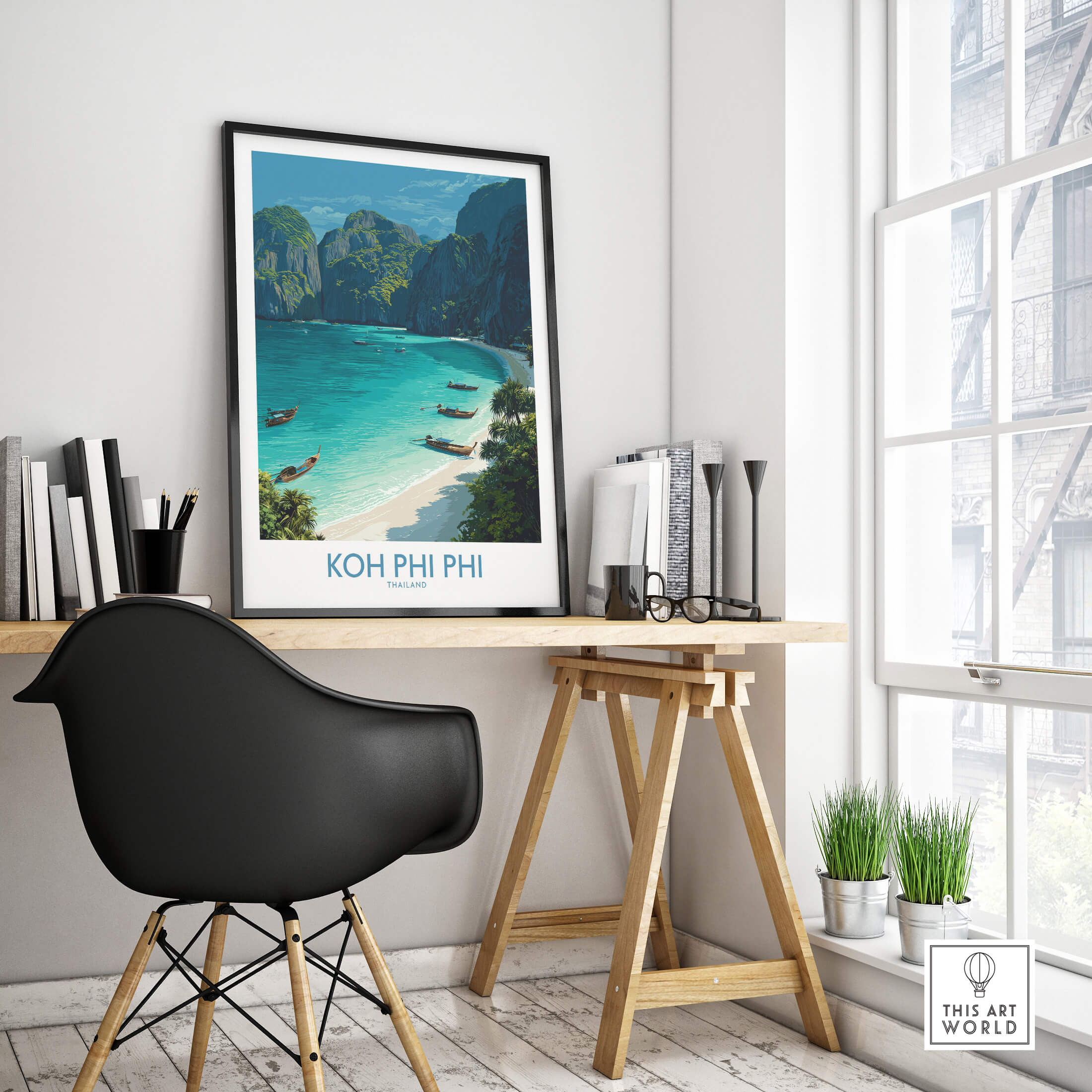 Koh Phi Phi Thailand Canvas Print | Longtail Boat Ocean Scene Poster displayed in a stylish workspace setting.
