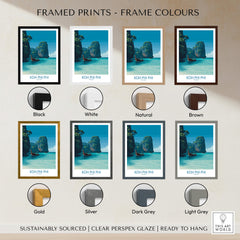 Koh Phi Phi Thailand Poster | Turquoise Sea & Limestone Cliffs Canvas Print framed in various color options.