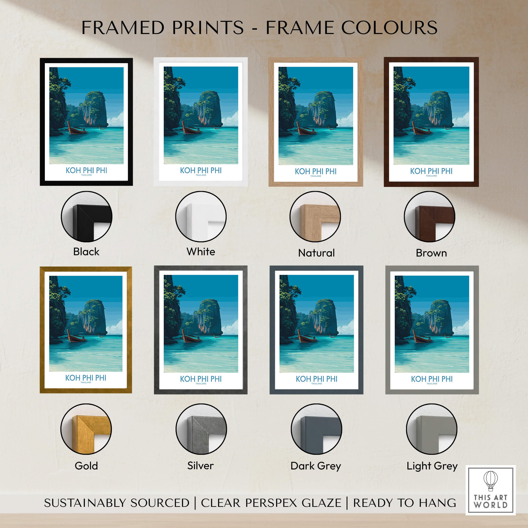 Koh Phi Phi Thailand Poster | Turquoise Sea & Limestone Cliffs Canvas Print framed in various color options.