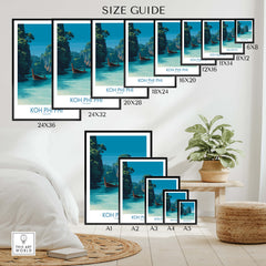Koh Phi Phi Thailand Poster | Turquoise Sea & Limestone Cliffs Canvas Print size guide with various frame options.