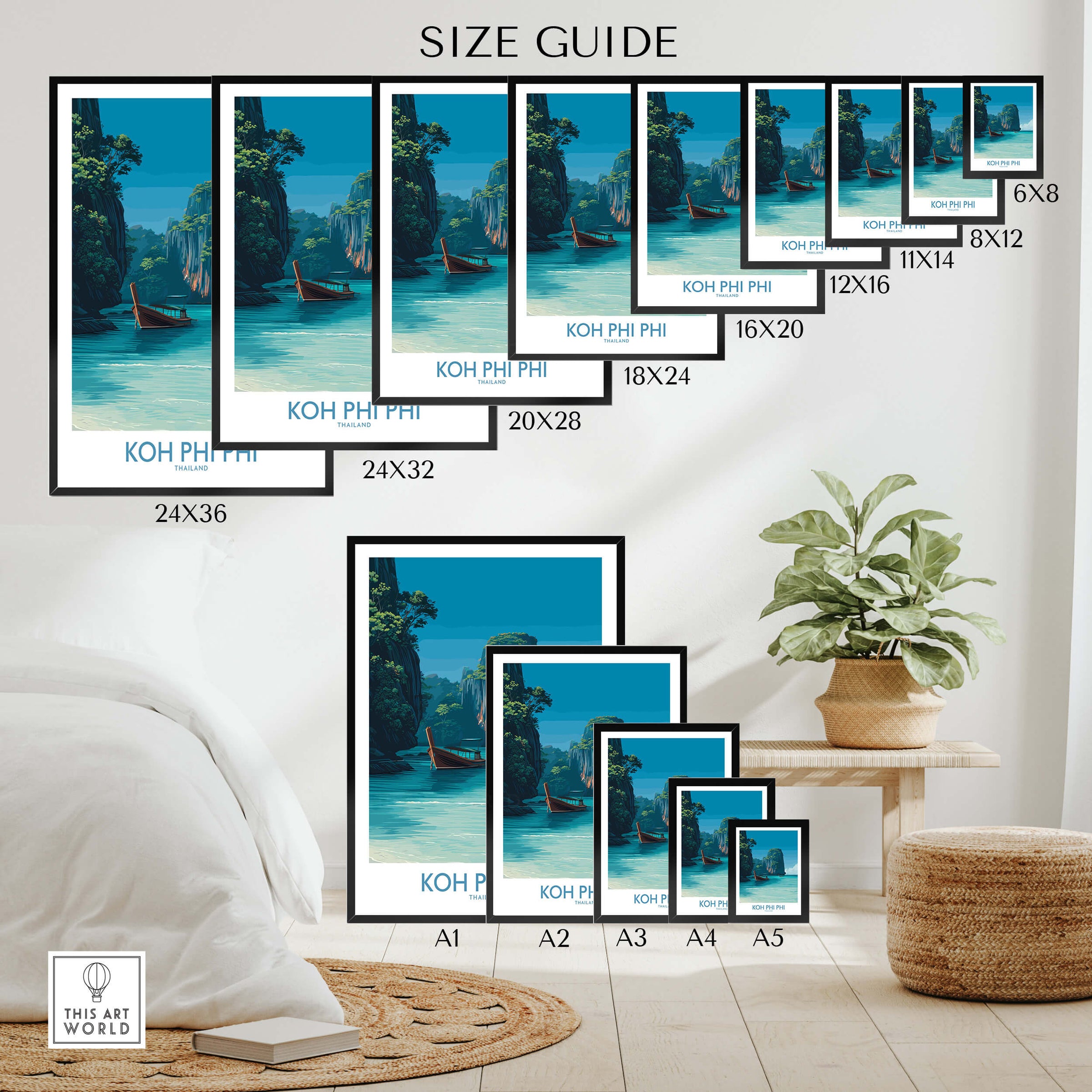 Koh Phi Phi Thailand Poster | Turquoise Sea & Limestone Cliffs Canvas Print size guide with various frame options.