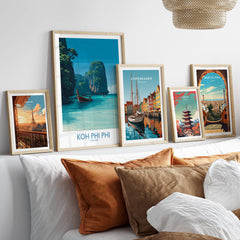 Koh Phi Phi Thailand Poster | Turquoise Sea & Limestone Cliffs Canvas Print displayed among framed posters