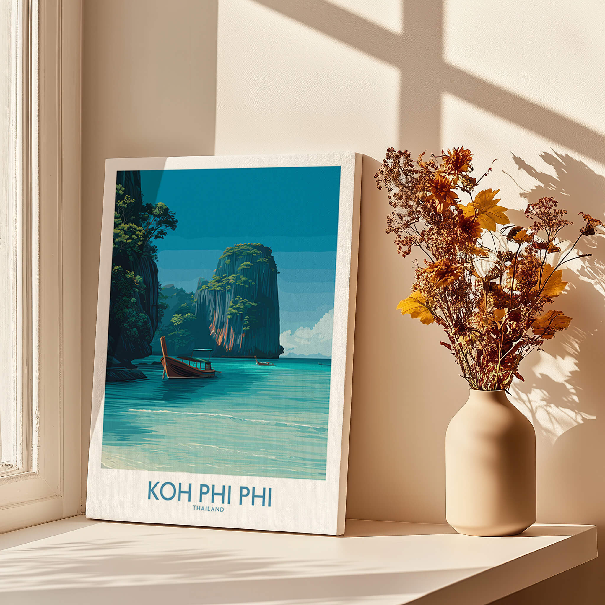 Koh Phi Phi Thailand Poster | Turquoise Sea & Limestone Cliffs Canvas Print in a sunlit room.