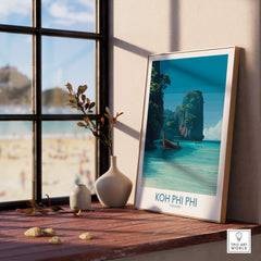 Koh Phi Phi Thailand Poster | Turquoise Sea & Limestone Cliffs Canvas Print in a coastal setting.