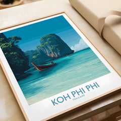 Koh Phi Phi Thailand Poster | Turquoise Sea & Limestone Cliffs Canvas Print showcasing serene waters and limestone cliffs.