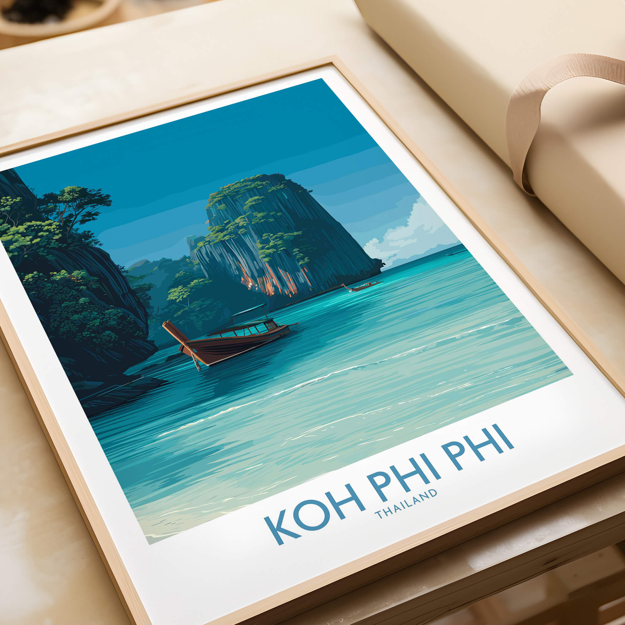Koh Phi Phi Thailand Poster | Turquoise Sea & Limestone Cliffs Canvas Print showcasing serene waters and limestone cliffs.