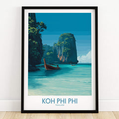 Koh Phi Phi Thailand Poster | Turquoise Sea & Limestone Cliffs Canvas Print featuring scenic landscape and wooden boats.