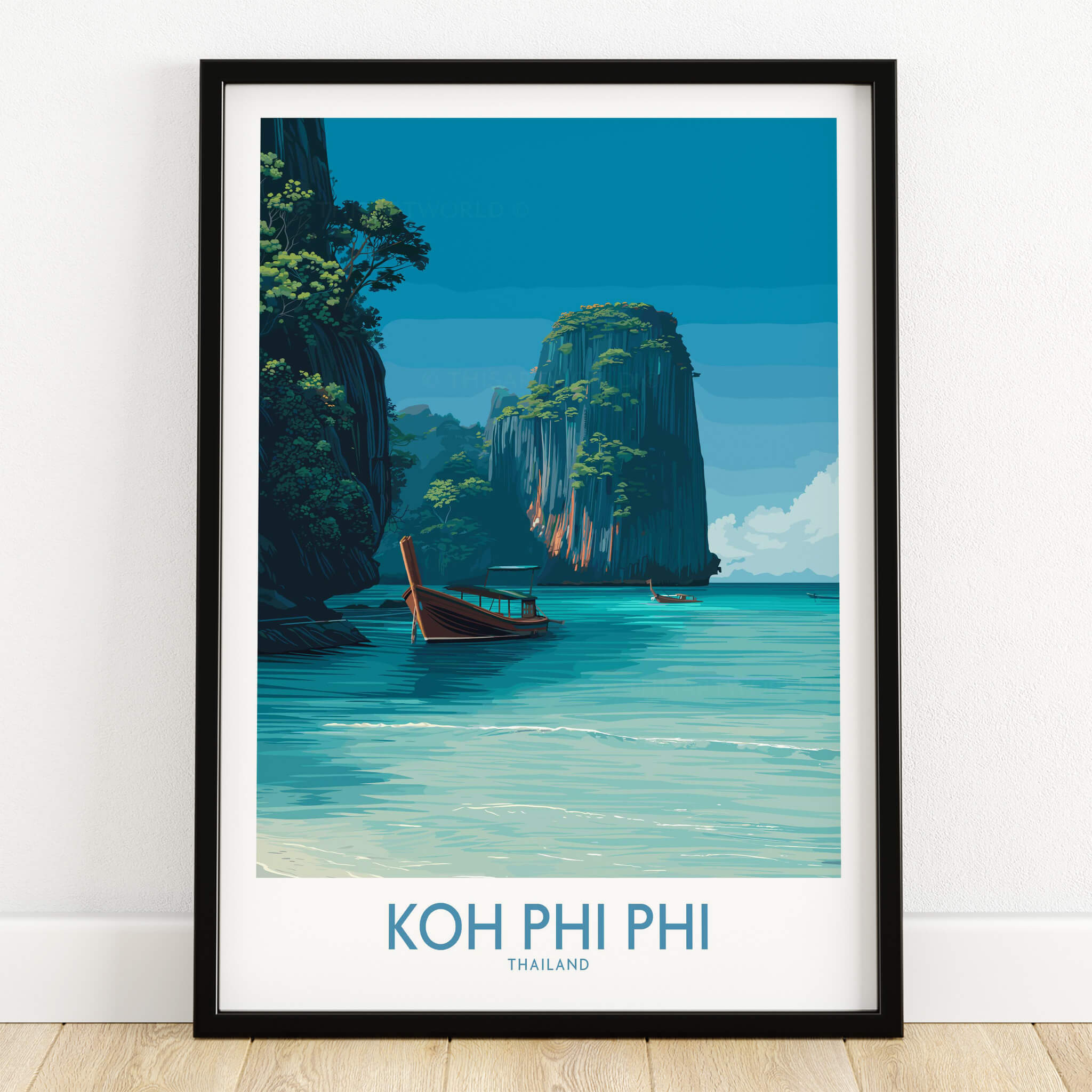 Koh Phi Phi Thailand Poster | Turquoise Sea & Limestone Cliffs Canvas Print featuring scenic landscape and wooden boats.