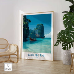 Koh Phi Phi Thailand Poster | Turquoise Sea & Limestone Cliffs Canvas Print displayed in a stylish interior.