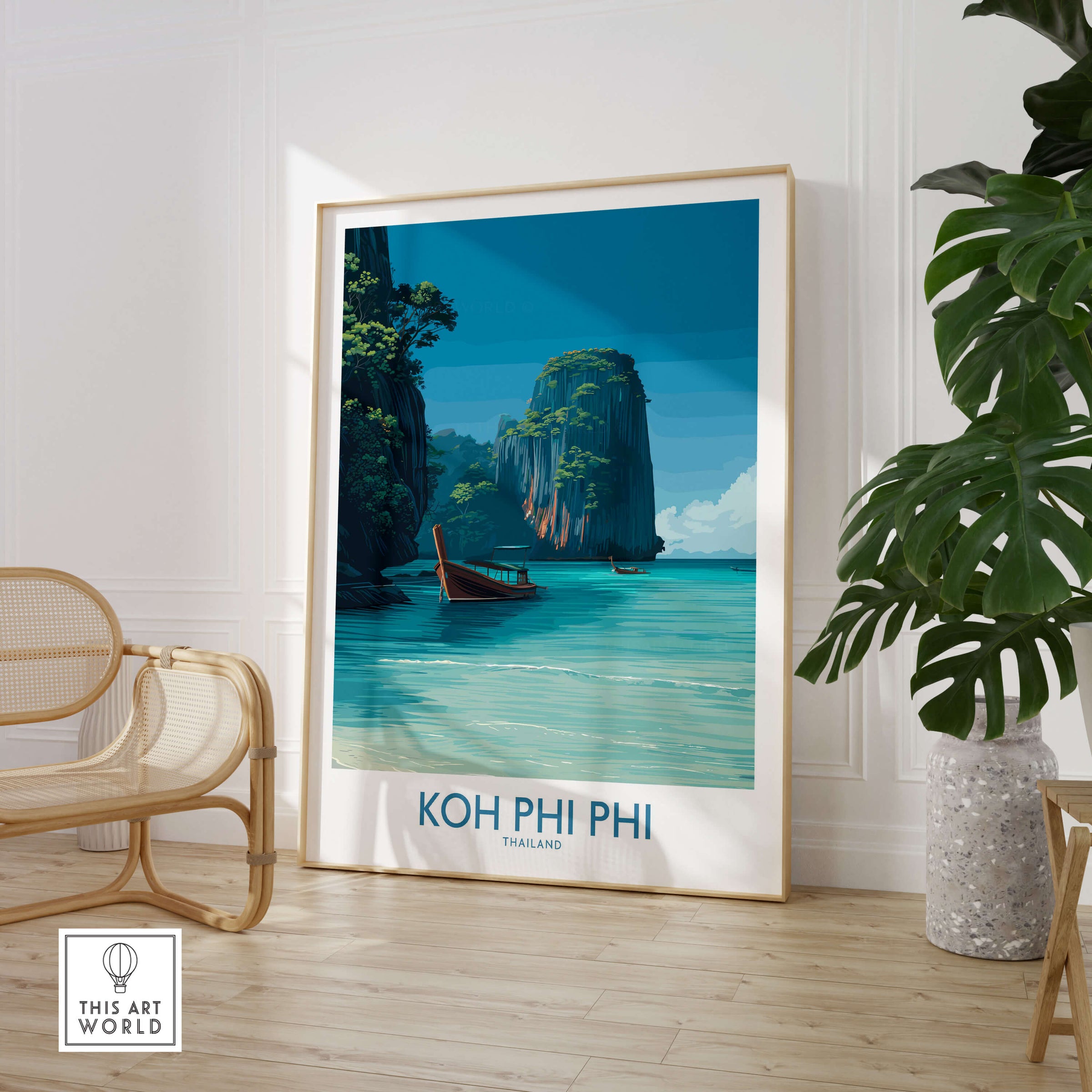 Koh Phi Phi Thailand Poster | Turquoise Sea & Limestone Cliffs Canvas Print displayed in a stylish interior.