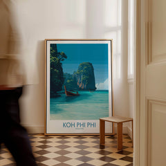 Koh Phi Phi Thailand Poster | Turquoise Sea & Limestone Cliffs Canvas Print displayed in a stylish interior.