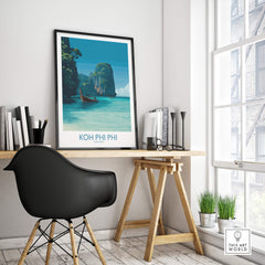Koh Phi Phi Thailand Poster | Turquoise Sea & Limestone Cliffs Canvas Print displayed in a modern workspace setting.