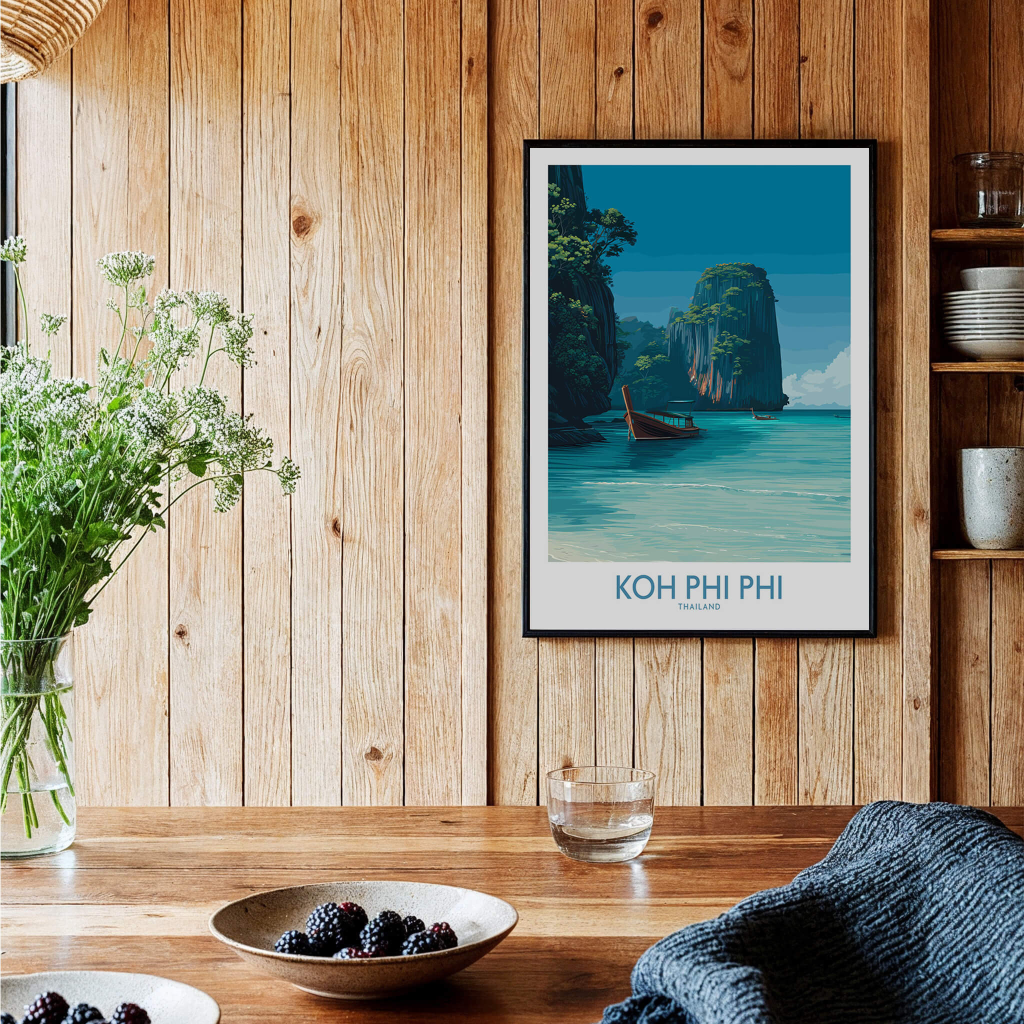 Koh Phi Phi Thailand Poster | Turquoise Sea & Limestone Cliffs Canvas Print framed on wooden wall with greenery