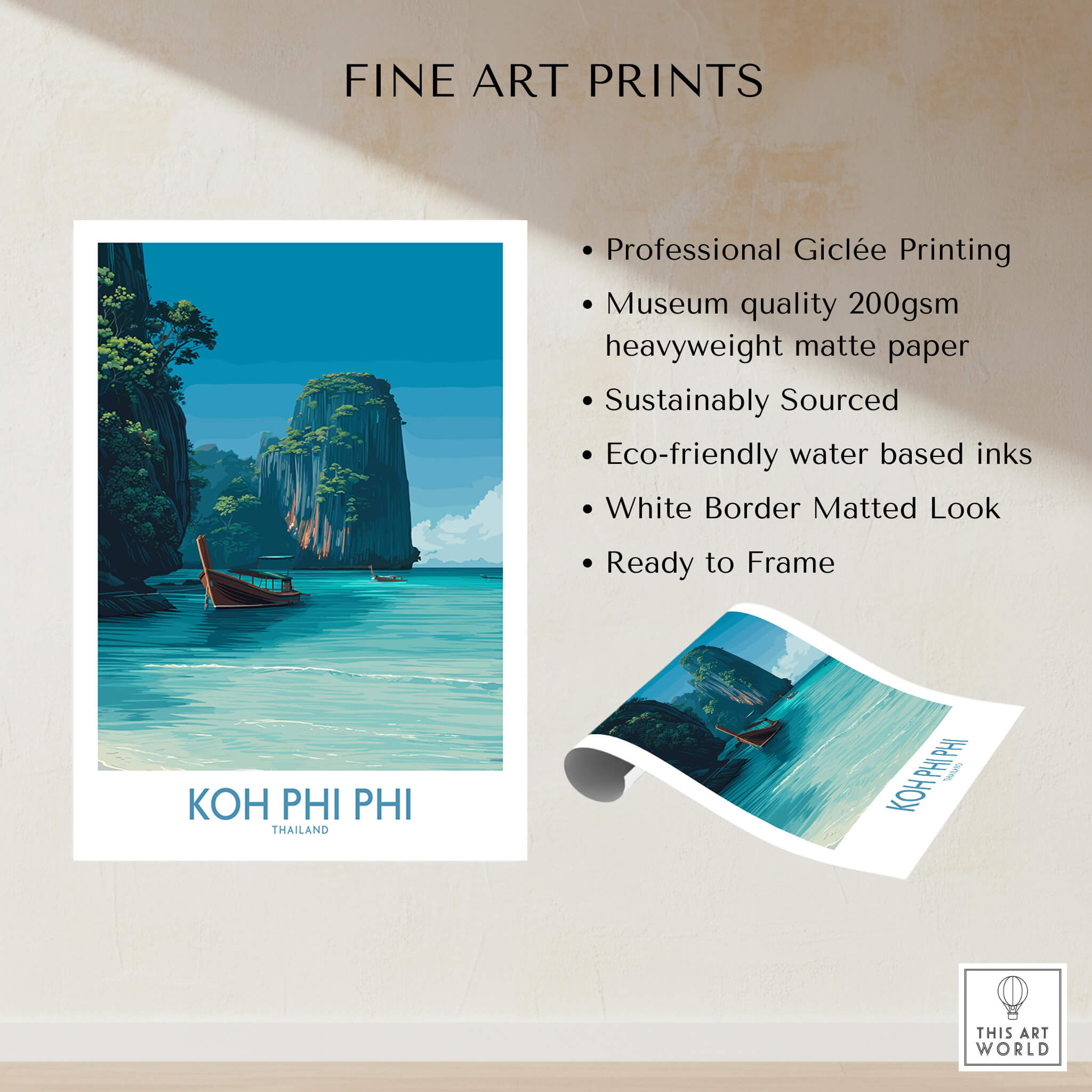 Koh Phi Phi Thailand Poster | Turquoise Sea & Limestone Cliffs Canvas Print showcases stunning artwork.