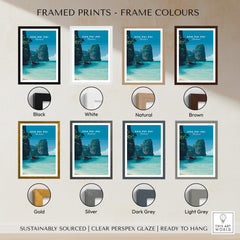 Koh Phi Phi Thailand Wall Art Print | Island Paradise Coastal Travel Poster displayed with various frame colors.