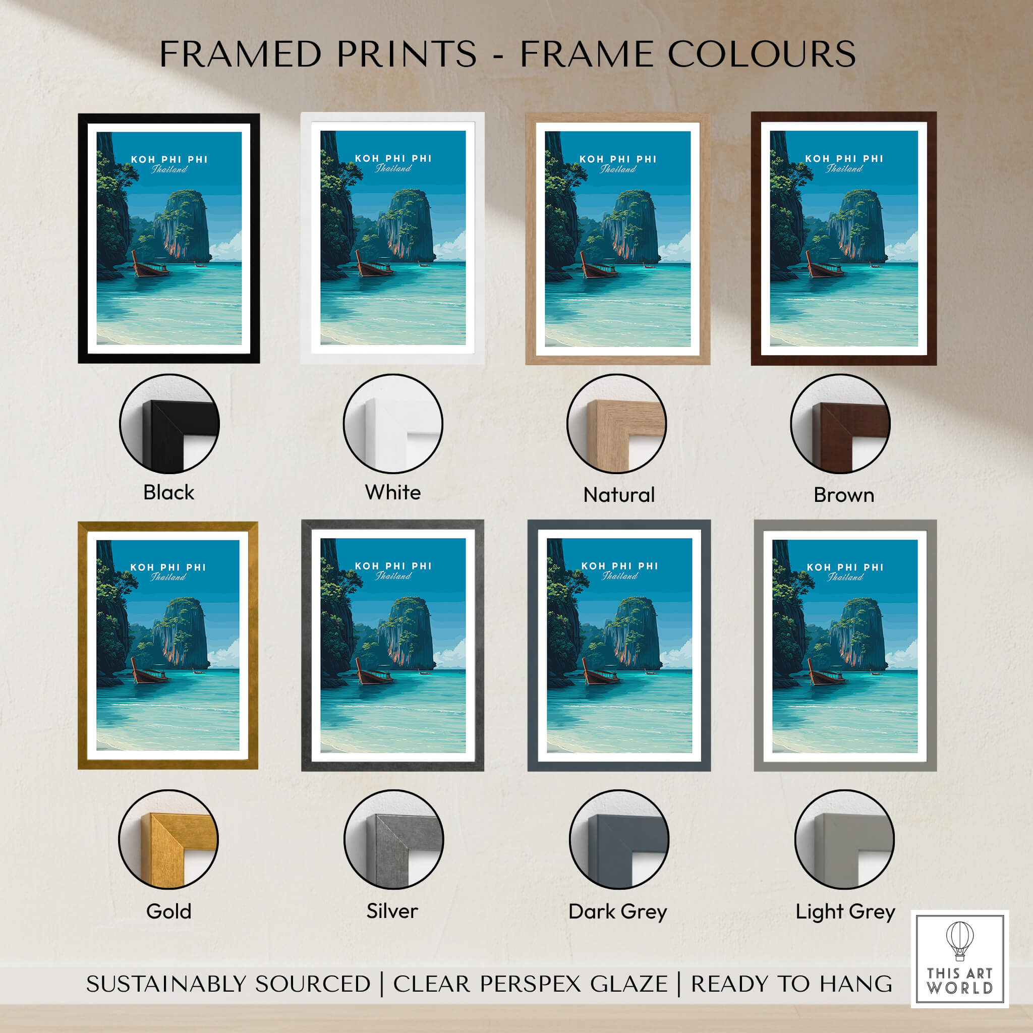 Koh Phi Phi Thailand Wall Art Print | Island Paradise Coastal Travel Poster displayed with various frame colors.