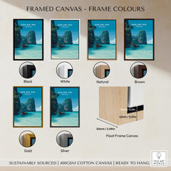 Koh Phi Phi Thailand Wall Art Print | Island Paradise Coastal Travel Poster frames in various colors including black, white, natural, brown, gold, and silver.