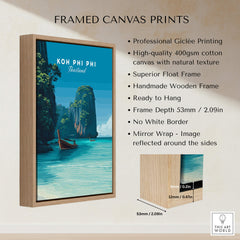 Koh Phi Phi Thailand Wall Art Print | Island Paradise Coastal Travel Poster displayed in a wooden frame with details.