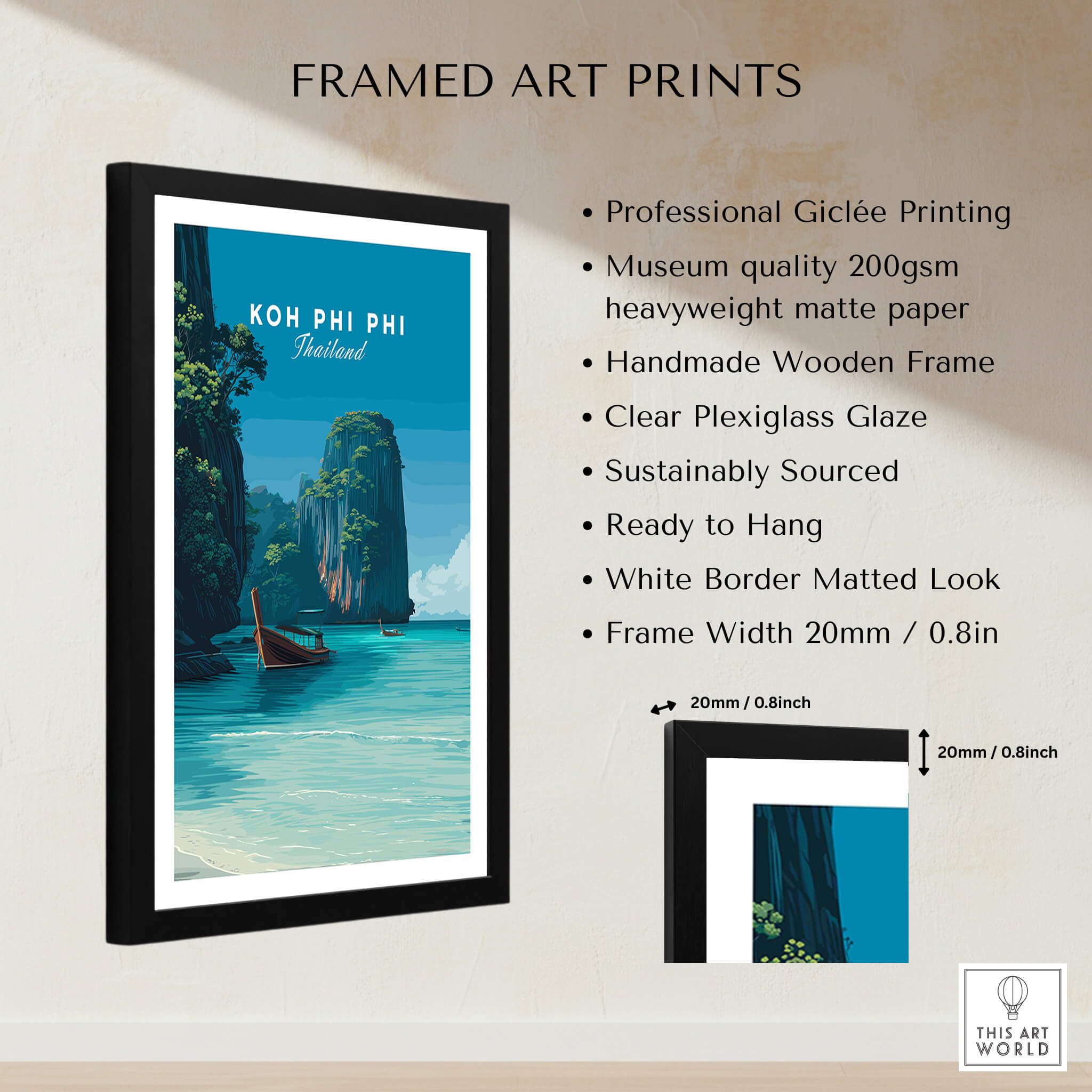 Koh Phi Phi Thailand Wall Art Print | Island Paradise Coastal Travel Poster featuring framed giclée print with a serene coastal scene.