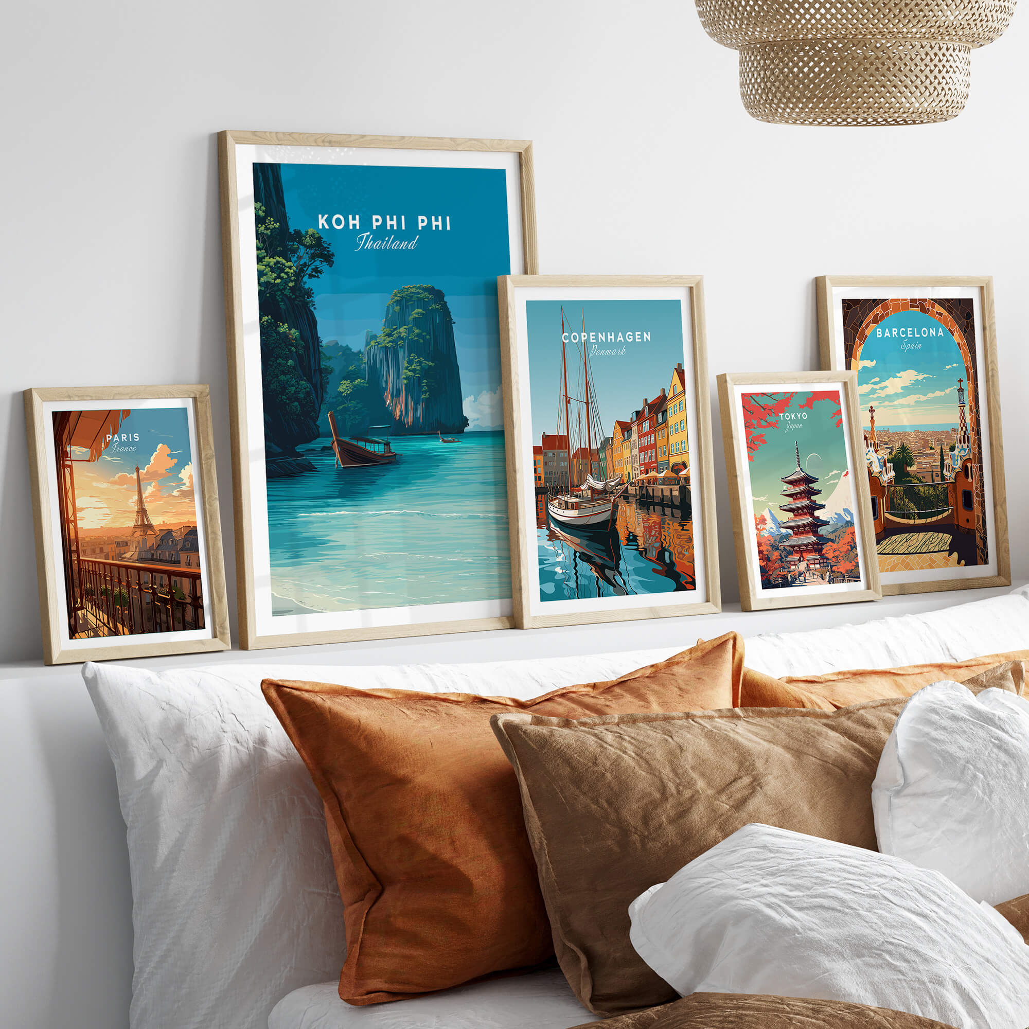 Koh Phi Phi Thailand Wall Art Print | Island Paradise Coastal Travel Poster displayed among other travel posters.
