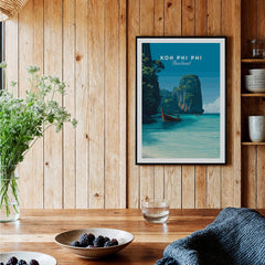 Koh Phi Phi Thailand Wall Art Print | Island Paradise Coastal Travel Poster framed in a cozy interior setting.