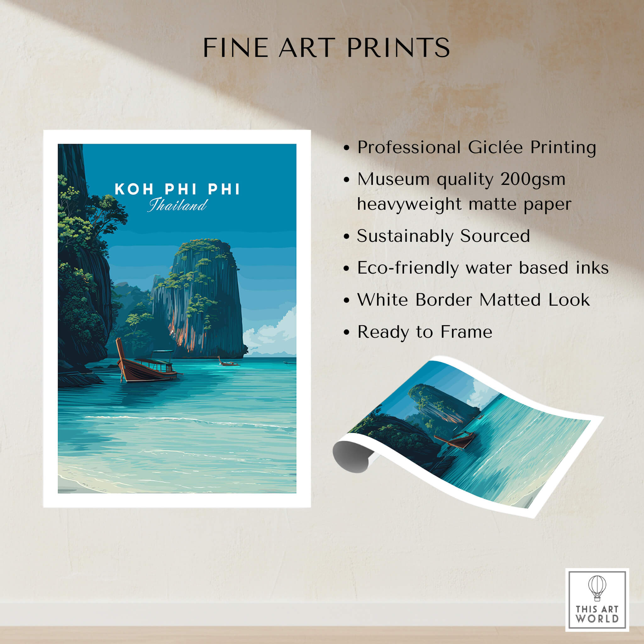 Koh Phi Phi Thailand Wall Art Print | Island Paradise Coastal Travel Poster showcasing professional Giclée printing and quality details.