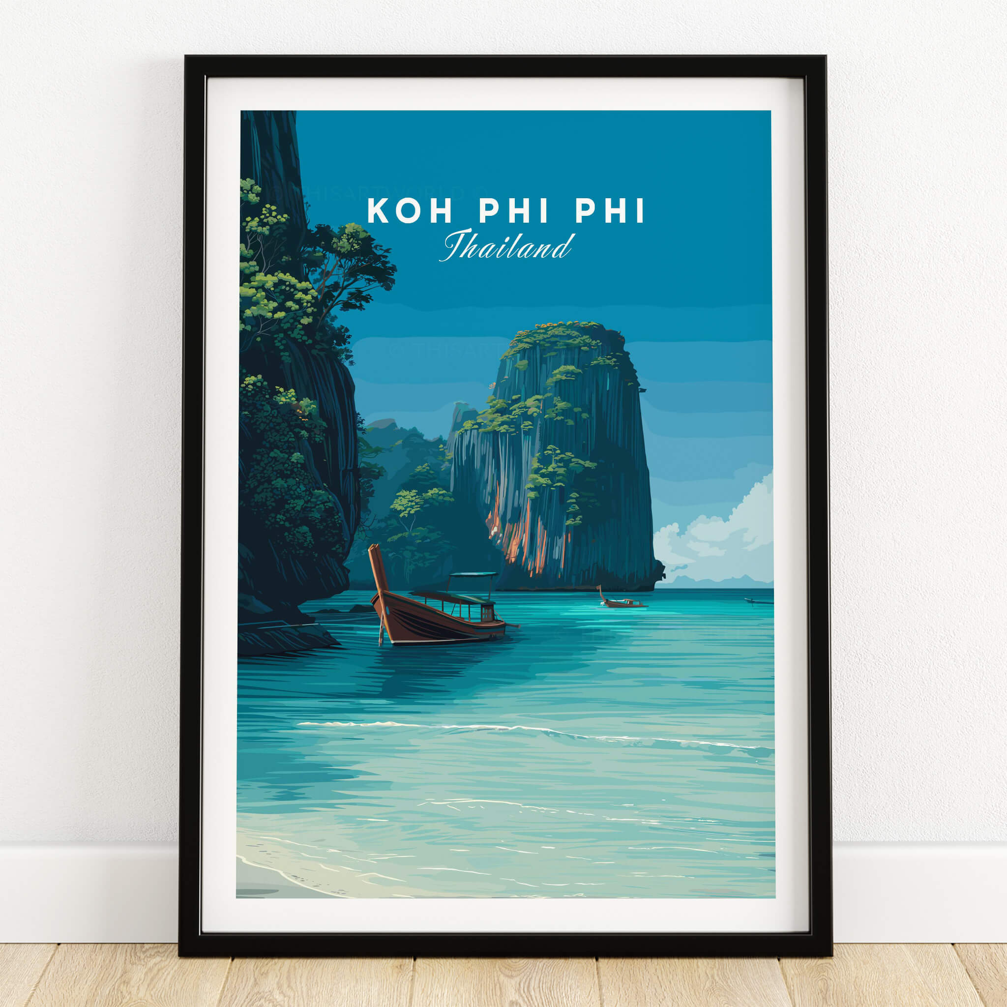 Koh Phi Phi Thailand Wall Art Print | Island Paradise Coastal Travel Poster featuring turquoise lagoons and cliffs.