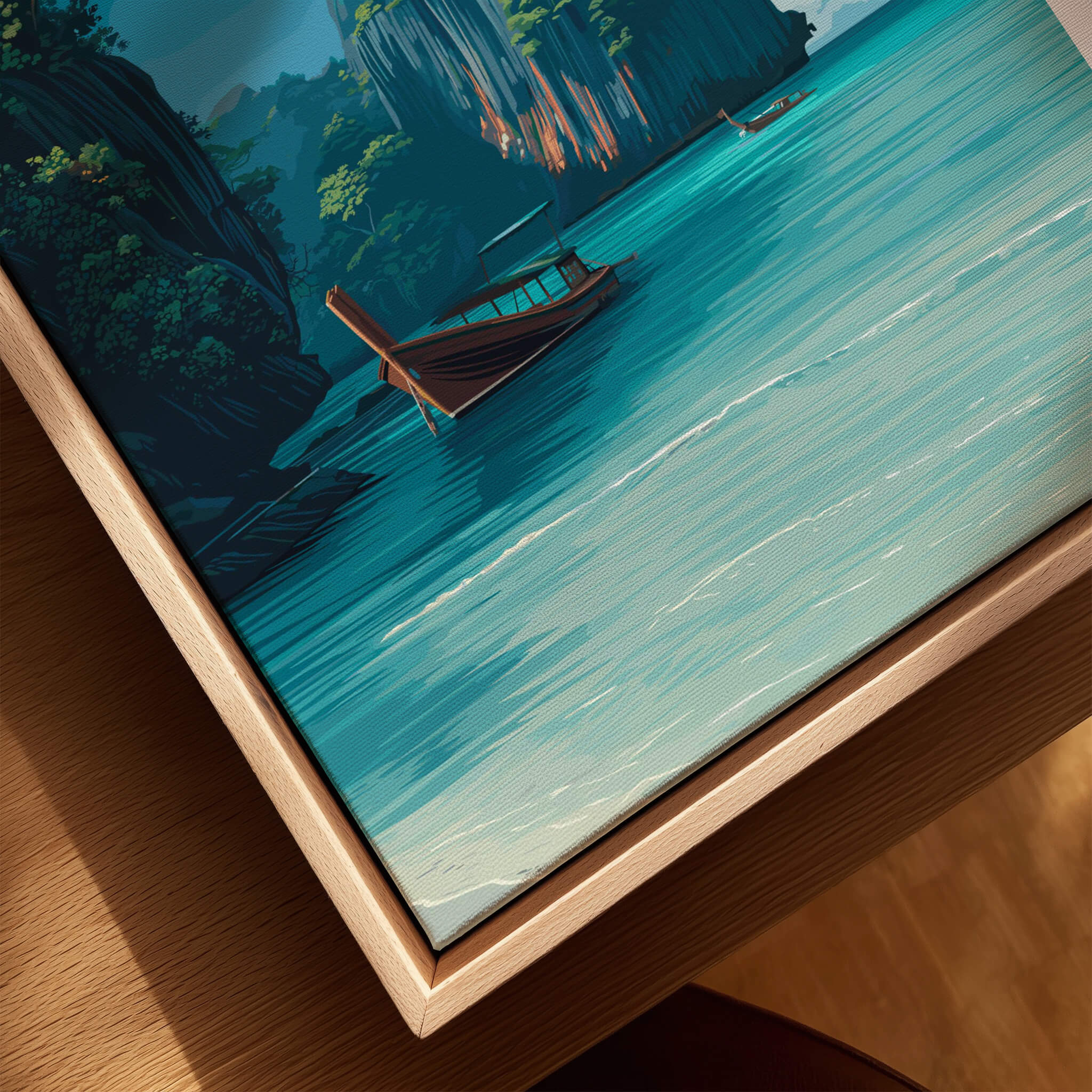 Koh Phi Phi Thailand Wall Art Print | Island Paradise Coastal Travel Poster showcasing turquoise waters and a traditional boat.