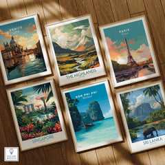 Koh Phi Phi Thailand Wall Art Print | Island Paradise Coastal Travel Poster displayed among travel posters in a stylish arrangement.