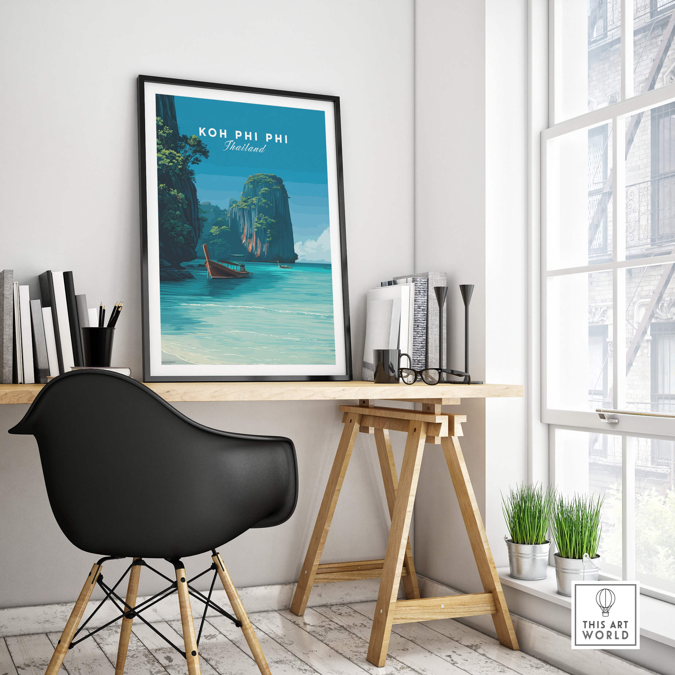 Koh Phi Phi Thailand Wall Art Print | Island Paradise Coastal Travel Poster displayed in a modern workspace.