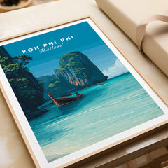 Koh Phi Phi Thailand Wall Art Print | Island Paradise Coastal Travel Poster featuring a serene beach and boat.