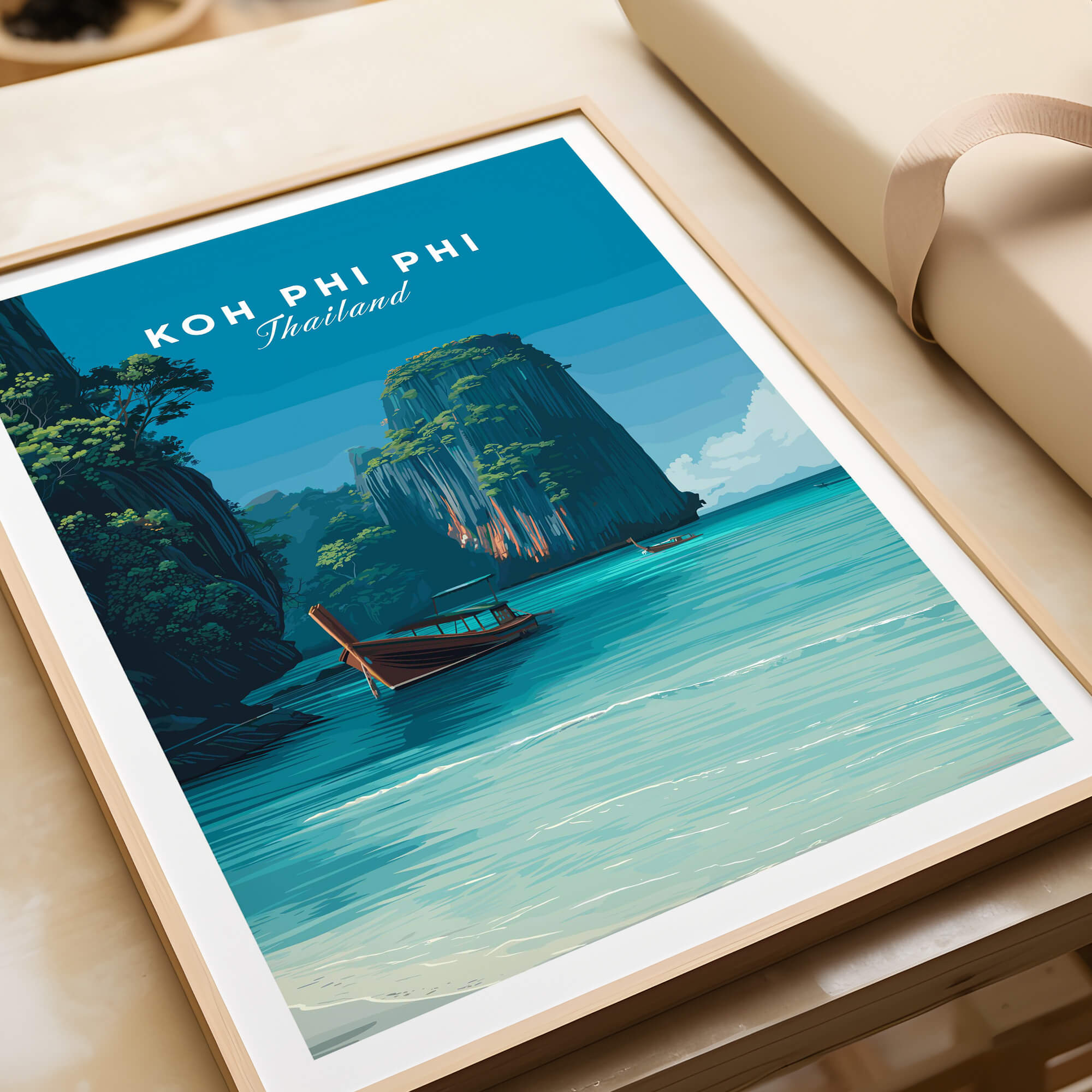 Koh Phi Phi Thailand Wall Art Print | Island Paradise Coastal Travel Poster featuring a serene beach and boat.