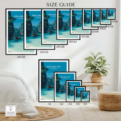 Koh Phi Phi Thailand Wall Art Print | Island Paradise Coastal Travel Poster size guide showcasing various print dimensions.