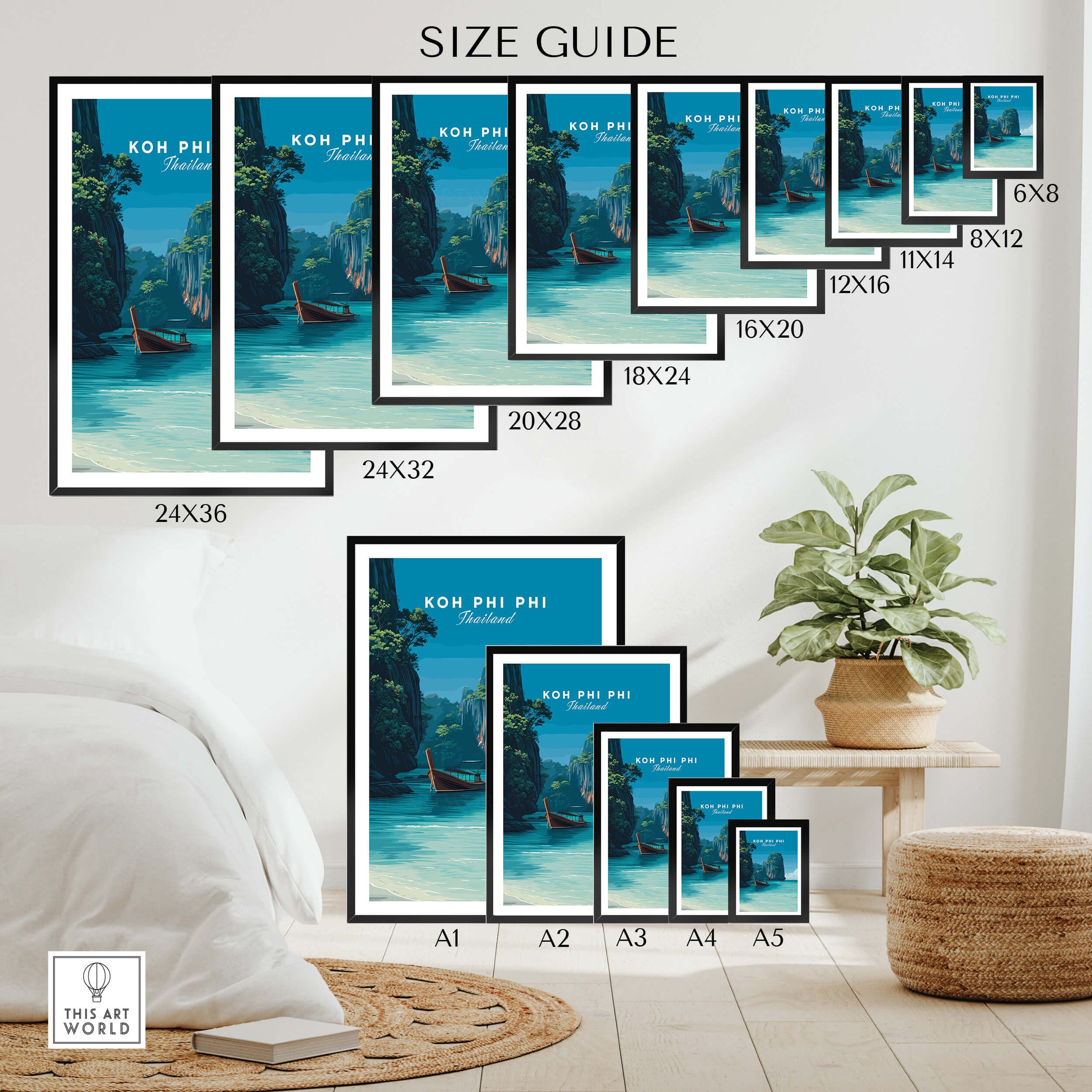 Koh Phi Phi Thailand Wall Art Print | Island Paradise Coastal Travel Poster size guide showcasing various print dimensions.
