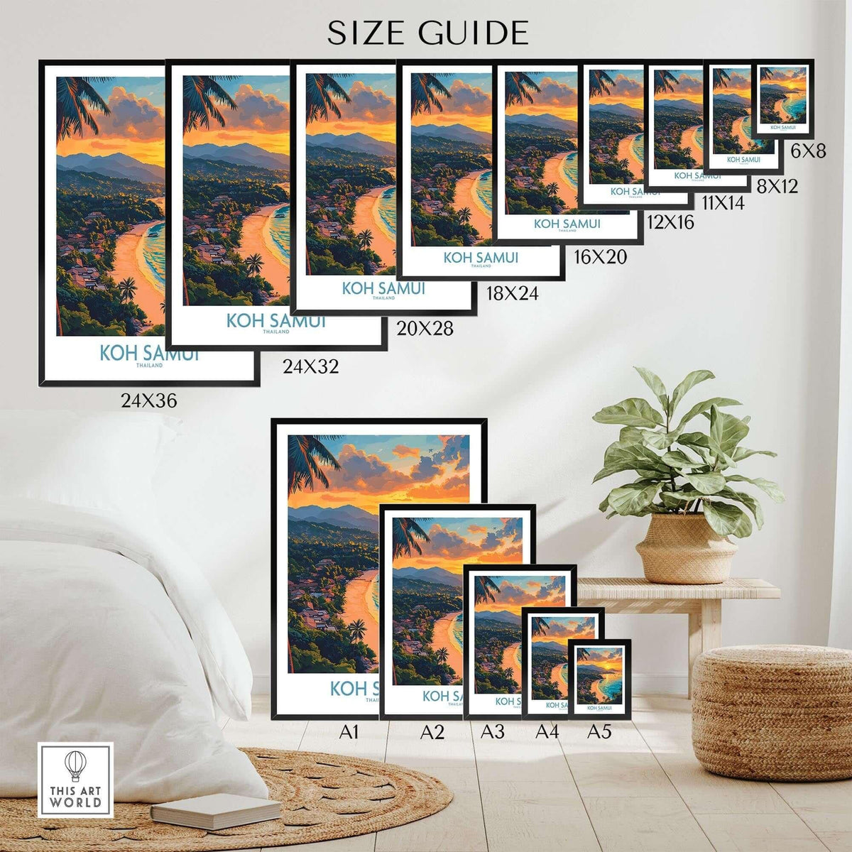 Koh Samui Poster size guide showcasing various frame sizes and vibrant tropical print for home decor.