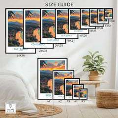Koh Samui Poster size guide showcasing various frame sizes and vibrant tropical print for home decor.